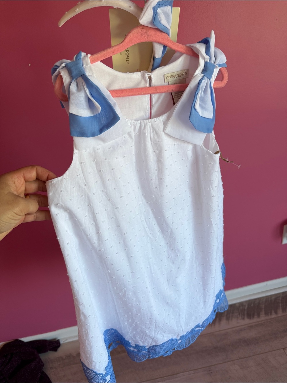 Cynthia Rowley White Eyelet Tank with Blue Trim and Shoulder Bows